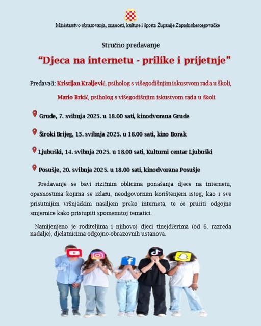 Stručno predavanje “Djeca na internetu – prilike i prijetnje”